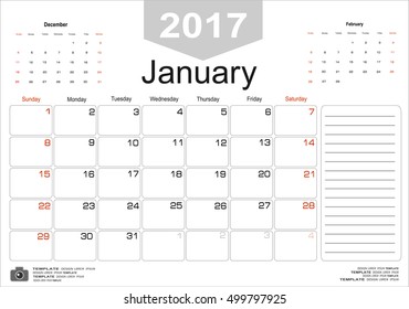 Vector planning calendar January 2017 Monthly scheduler. Week starts on Sunday.