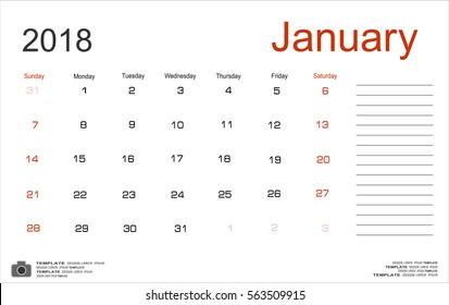Vector planning calendar January 2018 Monthly scheduler. Week starts on Sunday.
