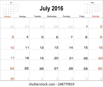 Vector planning calendar  July 2016