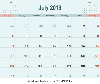 Vector planning calendar July 2016