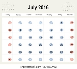 Vector planning calendar July 2016