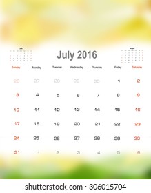 Vector planning calendar July 2016