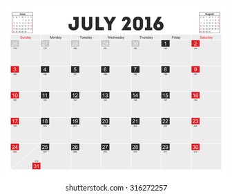 Vector planning calendar July 2016.