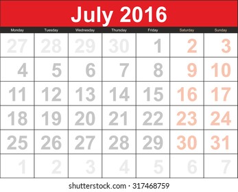 Vector planning calendar July 2016.