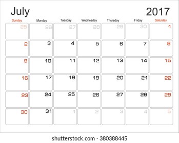Vector planning calendar July 2017 Monthly scheduler. Week starts on Sunday.