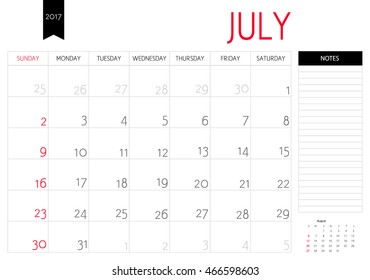 Vector planning calendar of July 2017 with a place for notes. Weeks start on Sunday