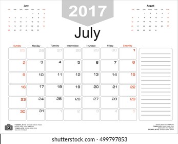 Vector planning calendar July 2017 Monthly scheduler. Week starts on Sunday.