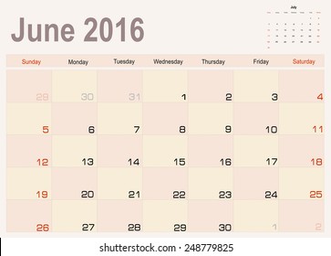 Vector planning calendar  June 2016