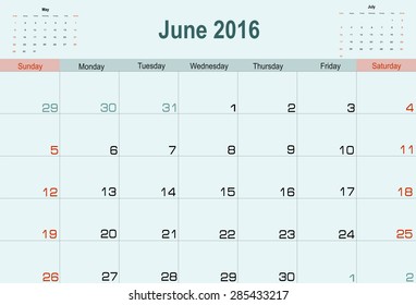 Vector Planning Calendar June 2016 Stock Vector (Royalty Free ...