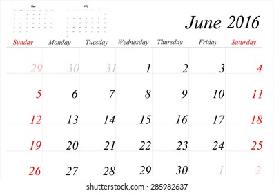 Vector planning calendar June 2016