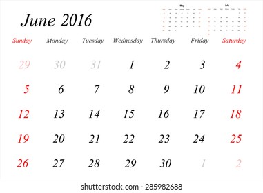 Vector planning calendar June 2016