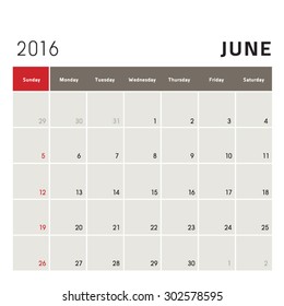 Vector planning calendar June 2016