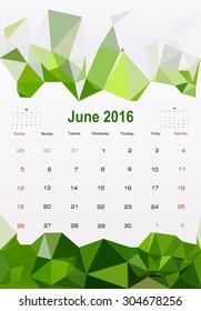 Vector planning calendar June 2016 in polygonal style. 