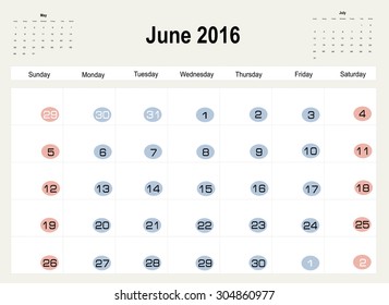 Vector planning calendar June 2016