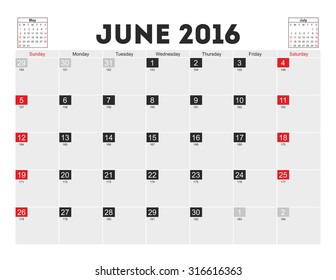 Calendario de planificación de vectores de junio de 2016.