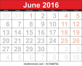 Vector planning calendar June 2016.