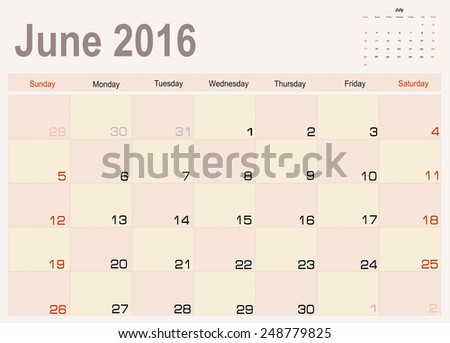 Vector planning calendar  June 2016