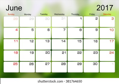 Vector planning calendar June 2017 Monthly scheduler. Week starts on Sunday.
