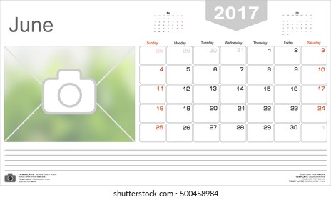 Vector planning calendar June 2017 Monthly scheduler. Week starts on Sunday.