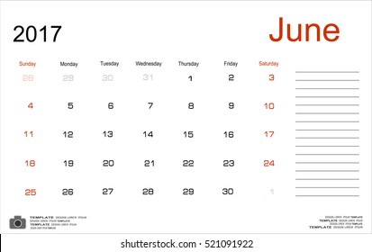 Vector planning calendar June 2017 Monthly scheduler. Week starts on Sunday.