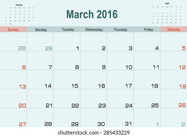 Vector planning calendar March 2016