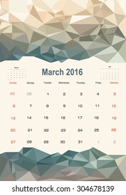 Vector planning calendar March 2016 in polygonal style. 