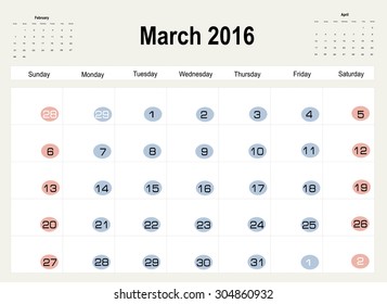 Vector planning calendar March 2016