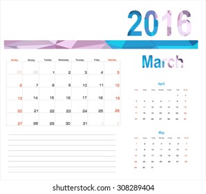 Vector planning calendar March 2016