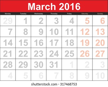 Vector planning calendar March 2016.