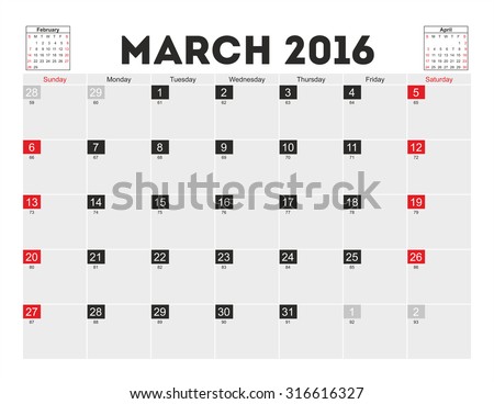 Vector planning calendar March 2016.