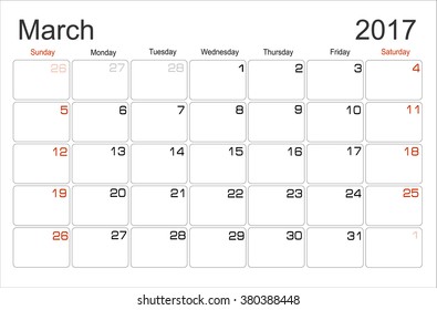 Vector planning calendar March 2017 Monthly scheduler. Week starts on Sunday.