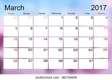 Vector planning calendar March 2017 Monthly scheduler. Week starts on Sunday.