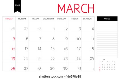 Vector planning calendar of March 2017 with a place for notes. Weeks start on Sunday