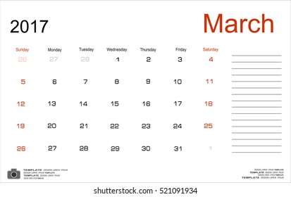 Vector planning calendar March 2017 Monthly scheduler. Week starts on Sunday.
