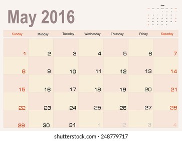 Vector planning calendar  May 2016
