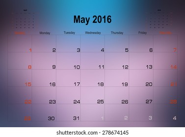 Vector planning calendar May 2016 on blue soft blurry background