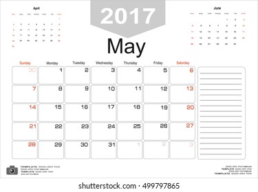 Vector planning calendar May 2017 Monthly scheduler. Week starts on Sunday.