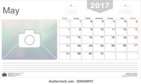Vector planning calendar May 2017 Monthly scheduler. Week starts on Sunday.