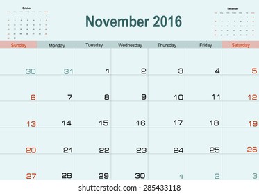 Vector planning calendar November 2016