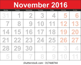 Vector planning calendar November 2016.