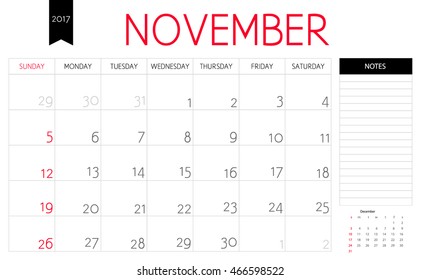 Vector planning calendar of November 2017 with a place for notes. Weeks start on Sunday