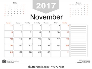 Vector planning calendar November 2017 Monthly scheduler. Week starts on Sunday.