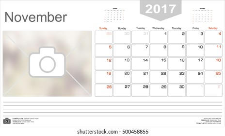 Vector planning calendar November 2017 Monthly scheduler. Week starts on Sunday.