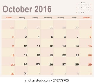 Vector planning calendar  October 2016