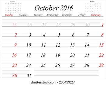 Vector planning calendar October 2016