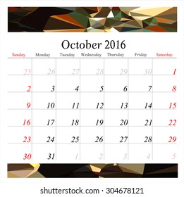 Vector planning calendar October 2016 in polygonal style. 