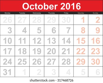 Vector planning calendar October 2016.