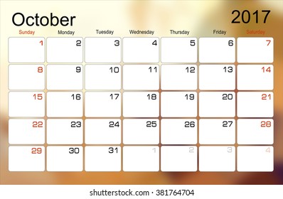 Vector planning calendar October 2017 Monthly scheduler. Week starts on Sunday.