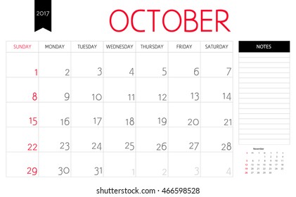 Vector planning calendar of October 2017 with a place for notes. Weeks start on Sunday
