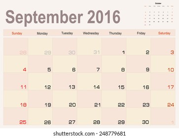 Vector planning calendar  September 2016